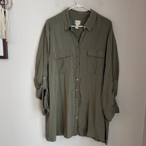 Chico’s women’s Olive Green Lightweight rayon button down size 3/XL GUC Classic